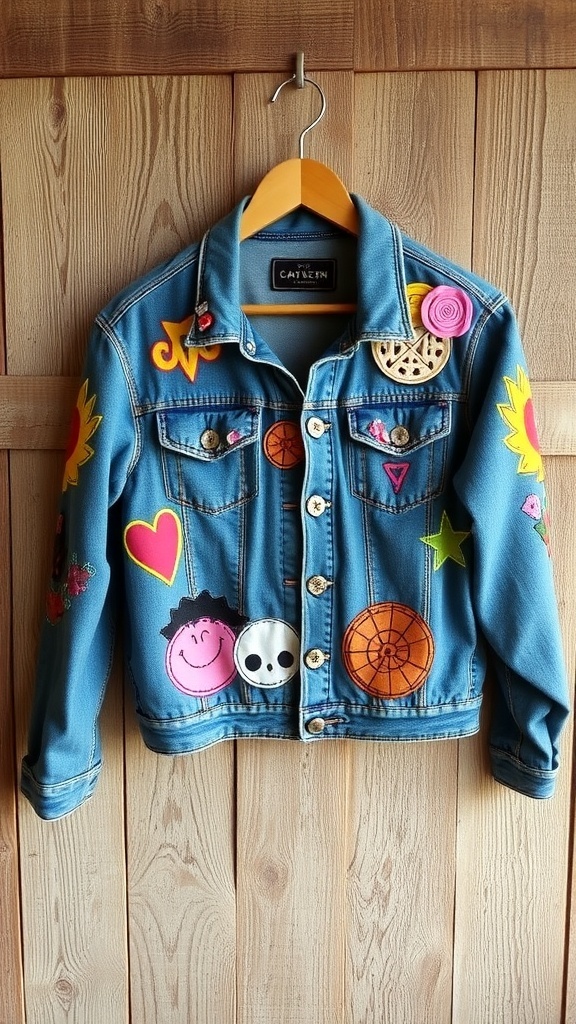 A personalized crust jean jacket with patches and fabric paint hanging on a rustic wooden hanger.